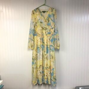Laundry Shelli Segal Floral Maxi Dress in Yellow and Blue Size 14 Long Sleeve